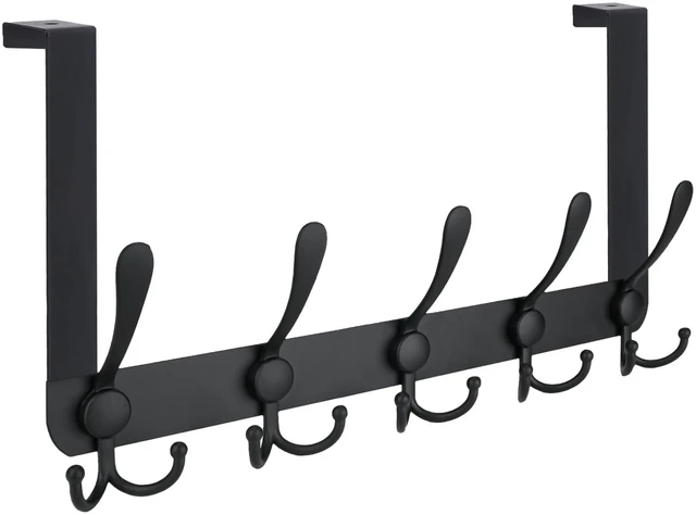 Main image of Over The Door Hooks, 5 Heavy Duty Tri Coat Rack All Metal Coat Hanger for Bathroom Bedroom Dorm (Matte Black, 1PK, Fit 1-3/4" Doors)