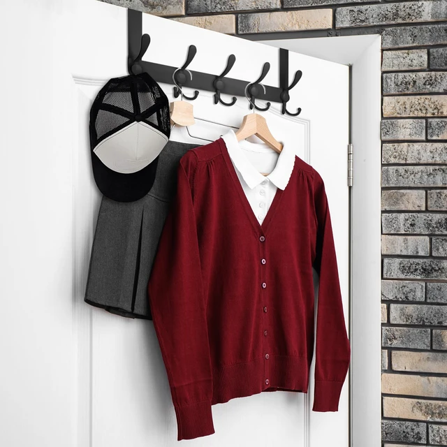 Alt view image 4 of 7 - Over The Door Hooks, 5 Heavy Duty Tri Coat Rack All Metal Coat Hanger for Bathroom Bedroom Dorm (Matte Black, 1PK, Fit 1-3/4" Doors)