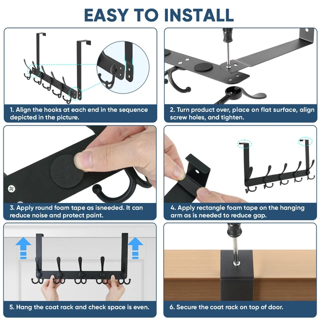 Alt view image 6 of 7 - Over The Door Hooks, 5 Heavy Duty Tri Coat Rack All Metal Coat Hanger for Bathroom Bedroom Dorm (Matte Black, 1PK, Fit 1-3/4" Doors)