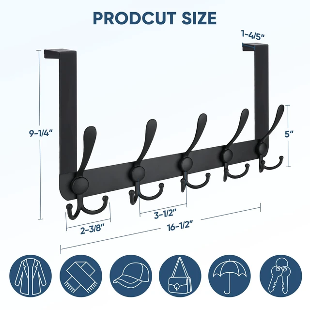 Alt view image 2 of 7 - Over The Door Hooks, 5 Heavy Duty Tri Coat Rack All Metal Coat Hanger for Bathroom Bedroom Dorm (Matte Black, 1PK, Fit 1-3/4" Doors)