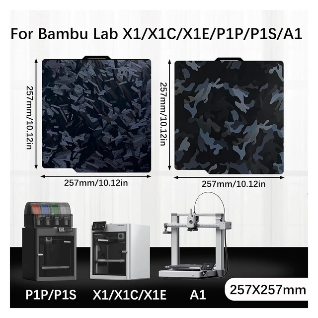 Alt view image 2 of 7 - 257x257mm Camouflage+High-Rise Build Plate for Bambu Lab X2D/X1/X1C/X1E/P1P/P1S/P2S/A1,Double Sided Smooth Flexible Spring Steel Plate Heated Bed Platform for Bambu Lab 3D Printers