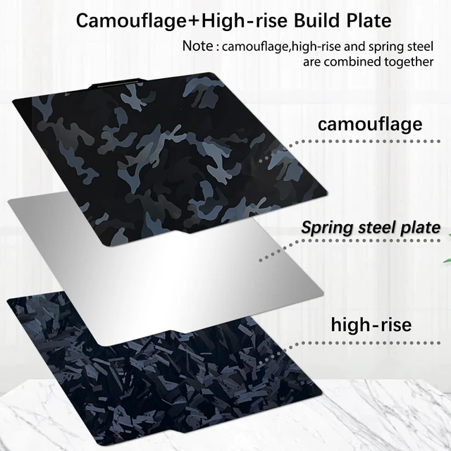 Alt view image 7 of 7 - 257x257mm Camouflage+High-Rise Build Plate for Bambu Lab X2D/X1/X1C/X1E/P1P/P1S/P2S/A1,Double Sided Smooth Flexible Spring Steel Plate Heated Bed Platform for Bambu Lab 3D Printers