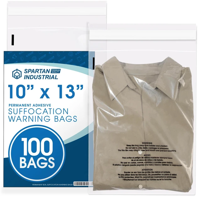 Main image of 10 X 13 (100 Count) Self Seal Clear Poly Bags with Suffocation Warning for Packaging, T Shirts - Permanent Adhesive