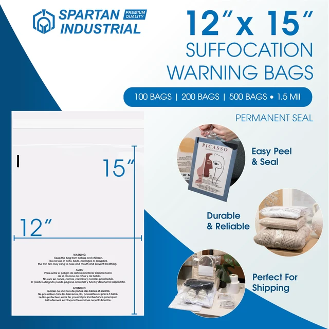 Alt view image 2 of 7 - 12 X 15 (100 Count) Self Seal Clear Poly Bags with Suffocation Warning for Packaging, T Shirts & Shipping - Permanent Adhesive