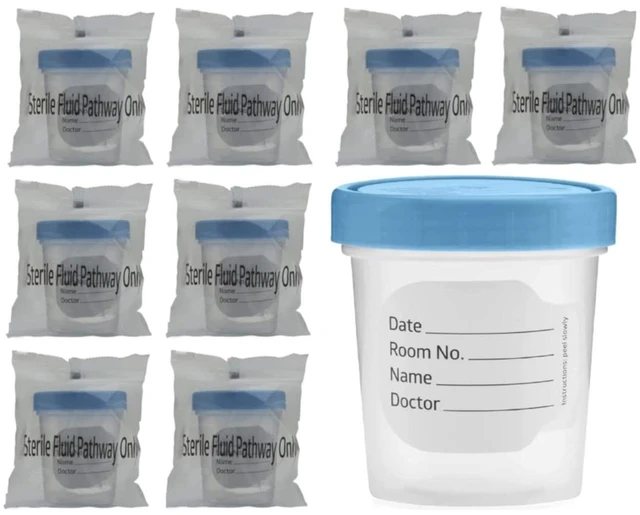 Main image of Sterile Specimen Cups 4 oz, Urine Collection Cups 8 Pack Individually bagged sterile cups with screw-on lids for urine collection, specimen testing, and secure sample handling