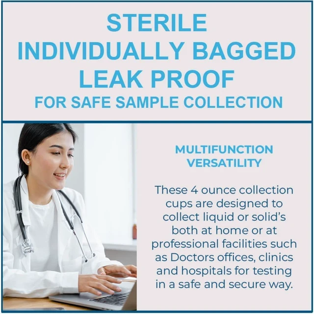 Alt view image 6 of 7 - Sterile Specimen Cups 4 oz, Urine Collection Cups 8 Pack Individually bagged sterile cups with screw-on lids for urine collection, specimen testing, and secure sample handling