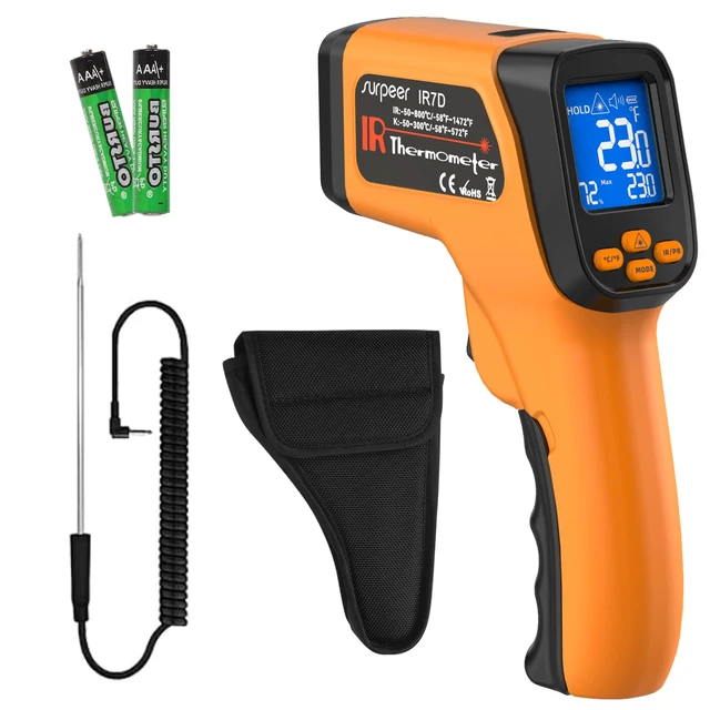 Main image of Infrared Thermometer Temperature Gun 1472°F, 12:1 Laser IR Temp with K-Type Probe -4°F to 572°F for HVAC, Engine, Cooking, Pizza Oven, Griddle, BBQ & Industrial Maintenance