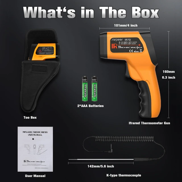 Alt view image 6 of 6 - Infrared Thermometer Temperature Gun 1472°F, 12:1 Laser IR Temp with K-Type Probe -4°F to 572°F for HVAC, Engine, Cooking, Pizza Oven, Griddle, BBQ & Industrial Maintenance