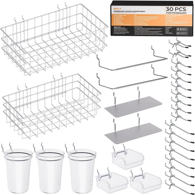 Main image of 30PCS Peg Board Organizer Accessories Kit with Bins, Cups & Baskets Pegboard Hooks Assortment, Wire Baskets, Paper Towel Holder, 1/8" and 1/4" Pegboard, For Garage Workbench Craft Room