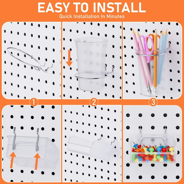 Alt view image 5 of 7 - 30PCS Peg Board Organizer Accessories Kit with Bins, Cups & Baskets Pegboard Hooks Assortment, Wire Baskets, Paper Towel Holder, 1/8" and 1/4" Pegboard, For Garage Workbench Craft Room