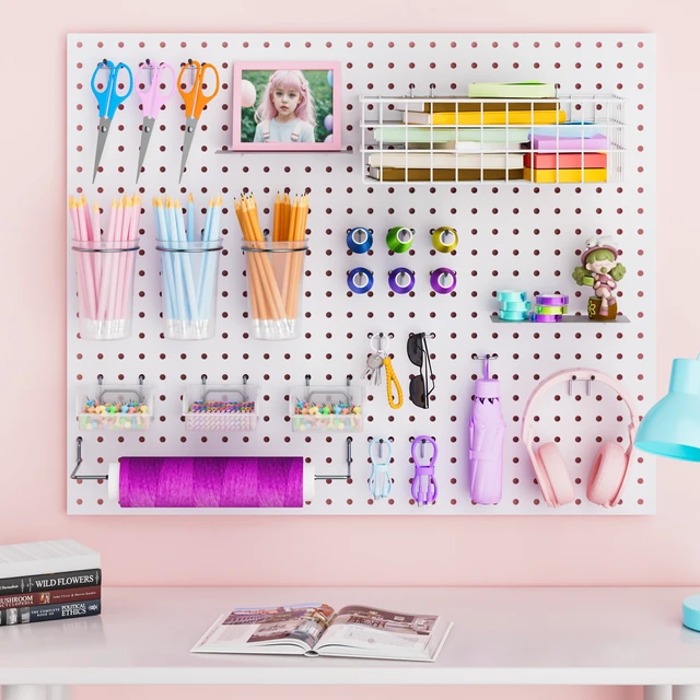 Alt view image 7 of 7 - 30PCS Peg Board Organizer Accessories Kit with Bins, Cups & Baskets Pegboard Hooks Assortment, Wire Baskets, Paper Towel Holder, 1/8" and 1/4" Pegboard, For Garage Workbench Craft Room