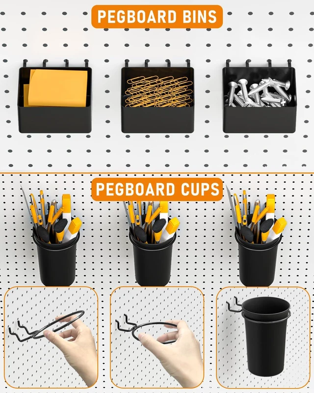 Alt view image 4 of 7 - 30PCS Peg Board Organizer Accessories Kit with Bins, Cups & Baskets Pegboard Hooks Assortment, Wire Baskets, Paper Towel Holder, 1/8" and 1/4" Pegboard, For Garage Workbench Craft Room