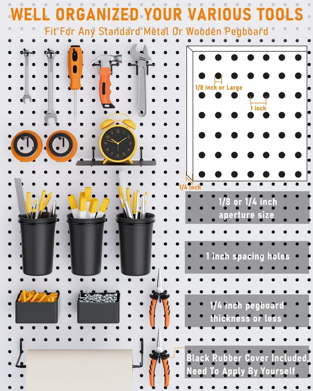 Alt view image 6 of 7 - 30PCS Peg Board Organizer Accessories Kit with Bins, Cups & Baskets Pegboard Hooks Assortment, Wire Baskets, Paper Towel Holder, 1/8" and 1/4" Pegboard, For Garage Workbench Craft Room