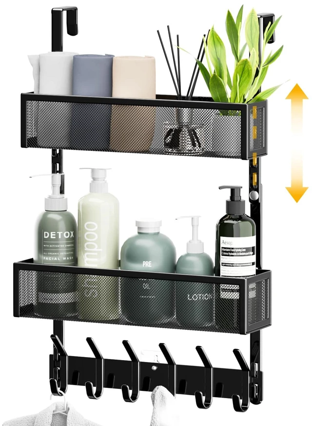Main image of Over The Door Hooks Organizer,Door Hanger with 10 Hooks & 2 Basket Adjustable Spacing,Over The Door Towel Rack,Multi-Purpose Back Storage Organizer Hanging Coat for Bathroom,Bedroom (Black)
