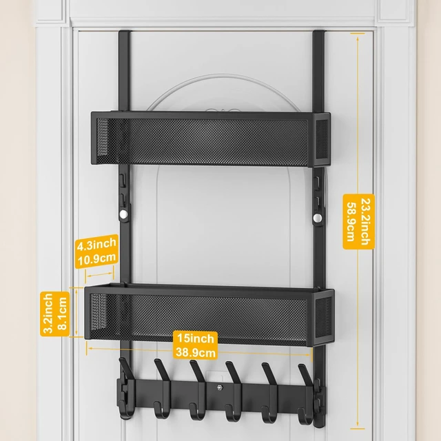 Alt view image 3 of 7 - Over The Door Hooks Organizer,Door Hanger with 10 Hooks & 2 Basket Adjustable Spacing,Over The Door Towel Rack,Multi-Purpose Back Storage Organizer Hanging Coat for Bathroom,Bedroom (Black)
