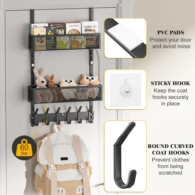 Alt view image 4 of 7 - Over The Door Hooks Organizer,Door Hanger with 10 Hooks & 2 Basket Adjustable Spacing,Over The Door Towel Rack,Multi-Purpose Back Storage Organizer Hanging Coat for Bathroom,Bedroom (Black)