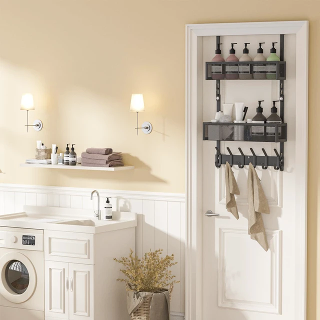 Alt view image 7 of 7 - Over The Door Hooks Organizer,Door Hanger with 10 Hooks & 2 Basket Adjustable Spacing,Over The Door Towel Rack,Multi-Purpose Back Storage Organizer Hanging Coat for Bathroom,Bedroom (Black)