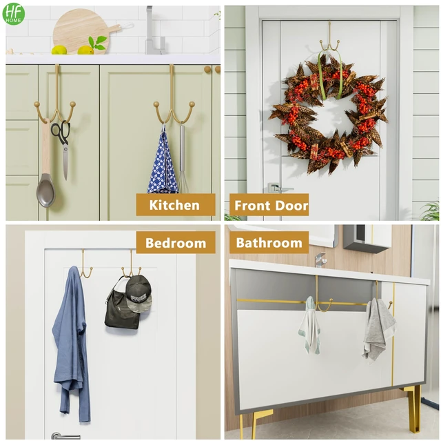 Alt view image 4 of 6 - 4 Packs Over The Door Double Hanger Hooks, Metal Twin Hooks Organizer for Hanging Coats, Hats, Robes, Towels- Gold
