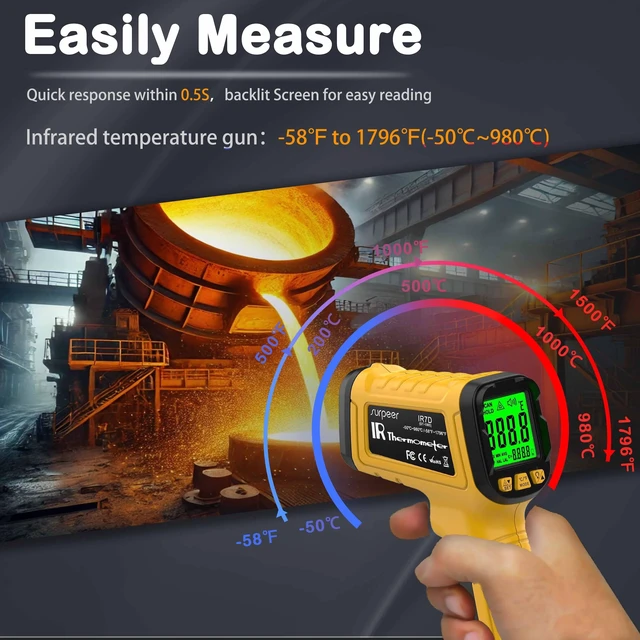 Alt view image 2 of 6 - Infrared Thermometer Temperature Gun 1796°F, 50:1 Laser Temp IR Digital for Pizza Oven, BBQ, Griddle, Cooking, HVAC, Engine Diagnostics