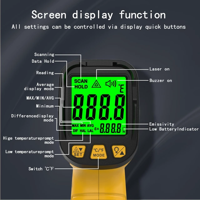 Alt view image 5 of 6 - Infrared Thermometer Temperature Gun 1796°F, 50:1 Laser Temp IR Digital for Pizza Oven, BBQ, Griddle, Cooking, HVAC, Engine Diagnostics