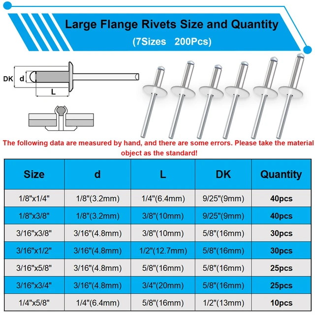 Alt view image 2 of 5 - 800pcs Silver Pop Rivets with Large Flange Rivets Assortment Kit 7-Sizes Large Head(1/8" 3/16" 1/4") 8-Sizes Small Head (3/32" 1/8" 5/32" 3/16")