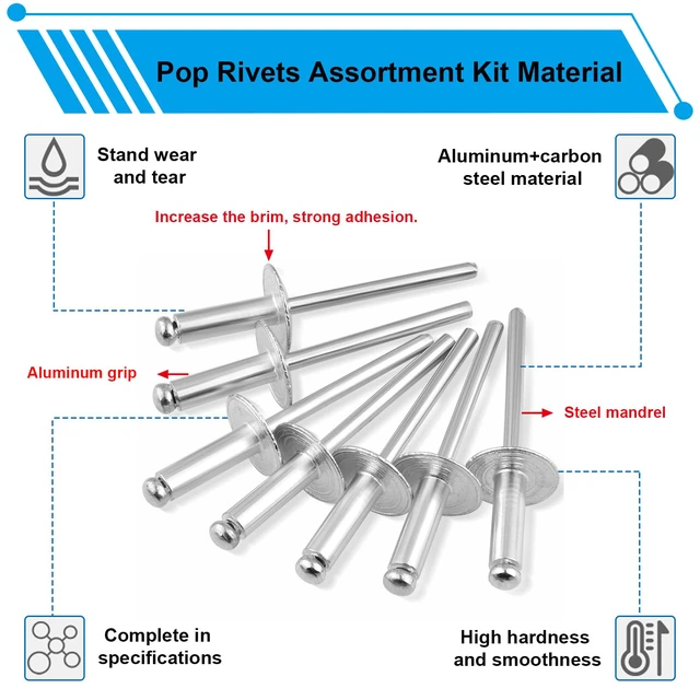 Alt view image 4 of 5 - 800pcs Silver Pop Rivets with Large Flange Rivets Assortment Kit 7-Sizes Large Head(1/8" 3/16" 1/4") 8-Sizes Small Head (3/32" 1/8" 5/32" 3/16")