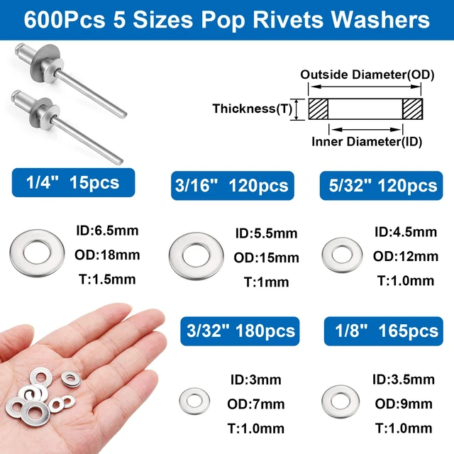 Alt view image 4 of 7 - 1500Pcs Pop Rivets with 304 Stainless Steel Washers Assortment Kit Packed in Handheld Box 14-Sizes (3/32" 1/8" 5/32" 3/16"1/4") Assorted Blind Rivets for Metal,Furniture,Automotive,Instrument