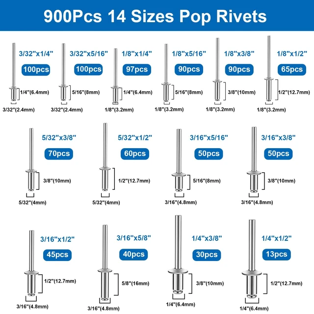 Alt view image 3 of 7 - 1500Pcs Pop Rivets with 304 Stainless Steel Washers Assortment Kit Packed in Handheld Box 14-Sizes (3/32" 1/8" 5/32" 3/16"1/4") Assorted Blind Rivets for Metal,Furniture,Automotive,Instrument