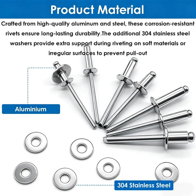 Alt view image 6 of 7 - 1500Pcs Pop Rivets with 304 Stainless Steel Washers Assortment Kit Packed in Handheld Box 14-Sizes (3/32" 1/8" 5/32" 3/16"1/4") Assorted Blind Rivets for Metal,Furniture,Automotive,Instrument