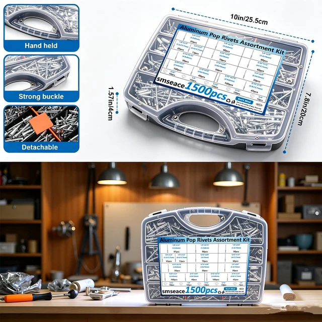 Alt view image 5 of 7 - 1500Pcs Pop Rivets with 304 Stainless Steel Washers Assortment Kit Packed in Handheld Box 14-Sizes (3/32" 1/8" 5/32" 3/16"1/4") Assorted Blind Rivets for Metal,Furniture,Automotive,Instrument