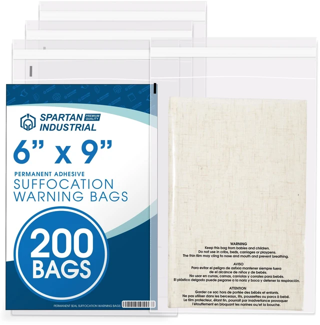 Main image of 6 X 9 (200 Count) Self Seal Clear Poly Bags with Suffocation Warning for Packaging, Shipping - Permanent Adhesive