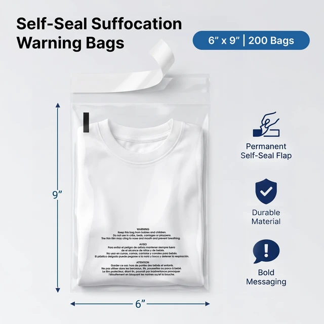 Alt view image 2 of 7 - 6 X 9 (200 Count) Self Seal Clear Poly Bags with Suffocation Warning for Packaging, Shipping - Permanent Adhesive