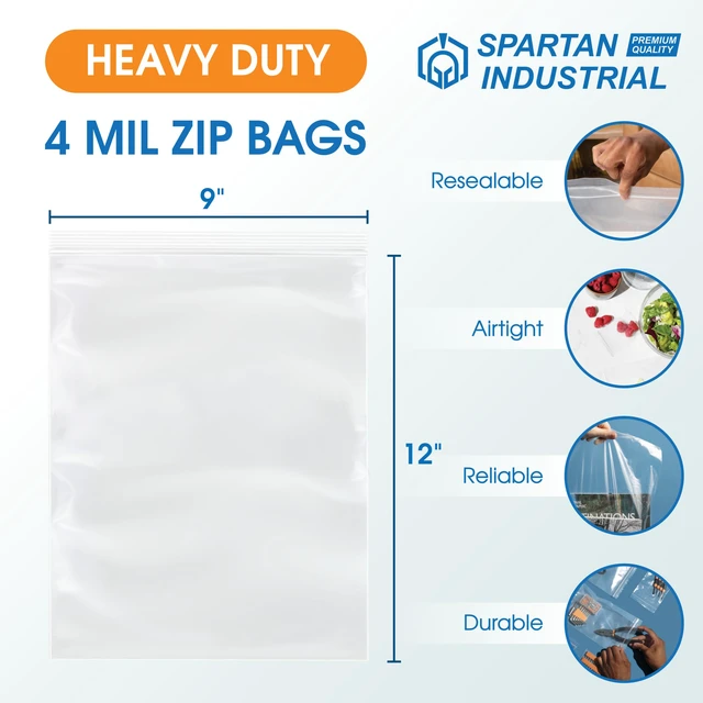 Alt view image 2 of 7 - 9 X 12 (100 Count) 4 Mil Thick Clear Reclosable Zip Plastic Poly Bags with Resealable Lock Seal Zipper - Heavy Duty and Durable