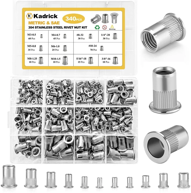 Main image of 340pcs SAE & Metric Rivet Nut Kit,304 Stainless Steel Flat Head Stainless Steel Rivet Nuts Kit,Rivnut Assortment Nutserts,8-32 10-24 1/4"-20 5/16"-18 3/8"-16 M3 M4 M5 M6 M8 M10