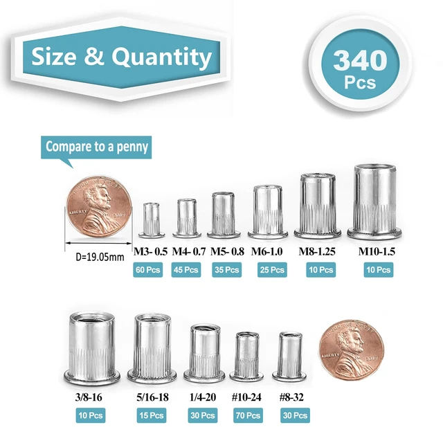 Alt view image 2 of 6 - 340pcs SAE & Metric Rivet Nut Kit,304 Stainless Steel Flat Head Stainless Steel Rivet Nuts Kit,Rivnut Assortment Nutserts,8-32 10-24 1/4"-20 5/16"-18 3/8"-16 M3 M4 M5 M6 M8 M10