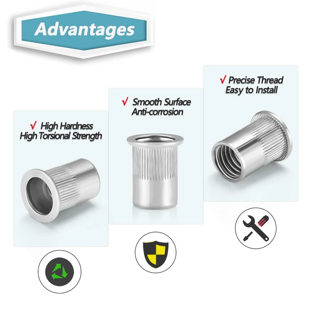 Alt view image 4 of 6 - 340pcs SAE & Metric Rivet Nut Kit,304 Stainless Steel Flat Head Stainless Steel Rivet Nuts Kit,Rivnut Assortment Nutserts,8-32 10-24 1/4"-20 5/16"-18 3/8"-16 M3 M4 M5 M6 M8 M10