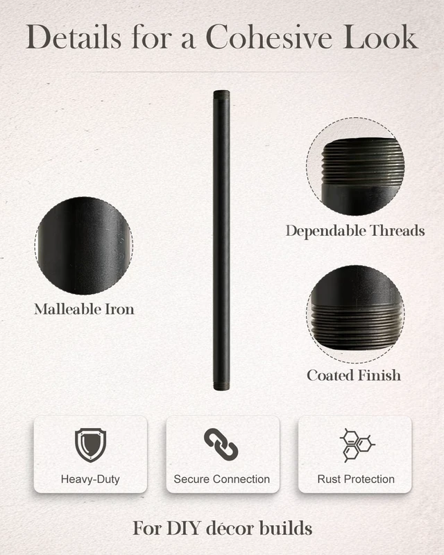 Alt view image 5 of 7 - 10 Pack 3/4 x 18 Inch Black Malleable Steel Pipe Nipples Threaded pipe nipples fitting for DIY steampunk decor, industrial vintage style, furniture, shelves, and pipe projects