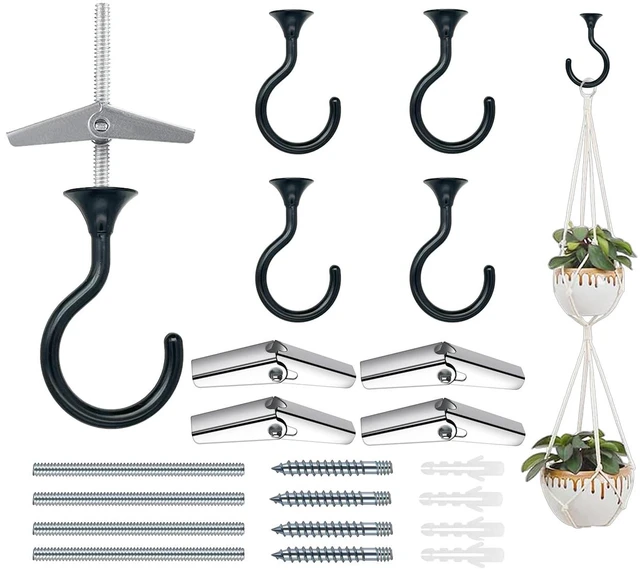 Main image of Heavy Duty Ceiling Hooks for Hanging Plants 4 Pack (Black) Holds 30 lbs on wood & concrete, 20 lbs on drywall; 2.4" rustproof swag hook for string lights, lanterns & patio use