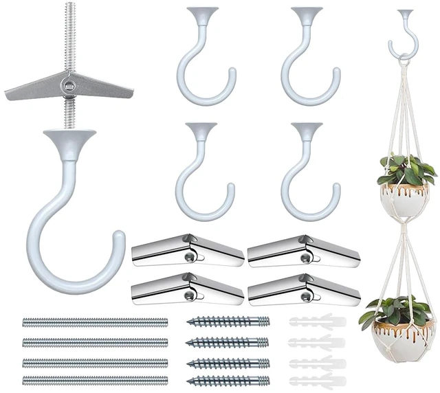 Main image of Heavy Duty Ceiling Hooks for Hanging Plants 4 Pack (White) Holds 30 lbs on wood & concrete, 20 lbs on drywall; 2.4" zinc alloy swag hook for macrame, lanterns & pendant lights