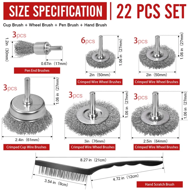 Alt view image 2 of 7 - 22-Pack Wire Brush for Drill, Carbon Steel Crimped Brushes Spherical Wheel, Cup, Pen End & Hand Brushes Set, Fit 1/4 Inch Round Shank Power Drill Attachment for Rust, Paint, Abrasive Removal
