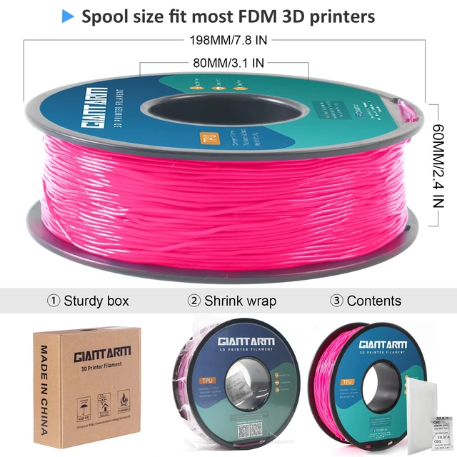 Alt view image 5 of 6 - TPU Filament 1.75mm 1Kg(2.2lbs), Pink Filament TPU, 95A Flexible 3D Printer Filament with High Elasticity, ±0.03mm Accuracy, Neatly Wound & Moistureproof, Non-Clogging,TPU Pink