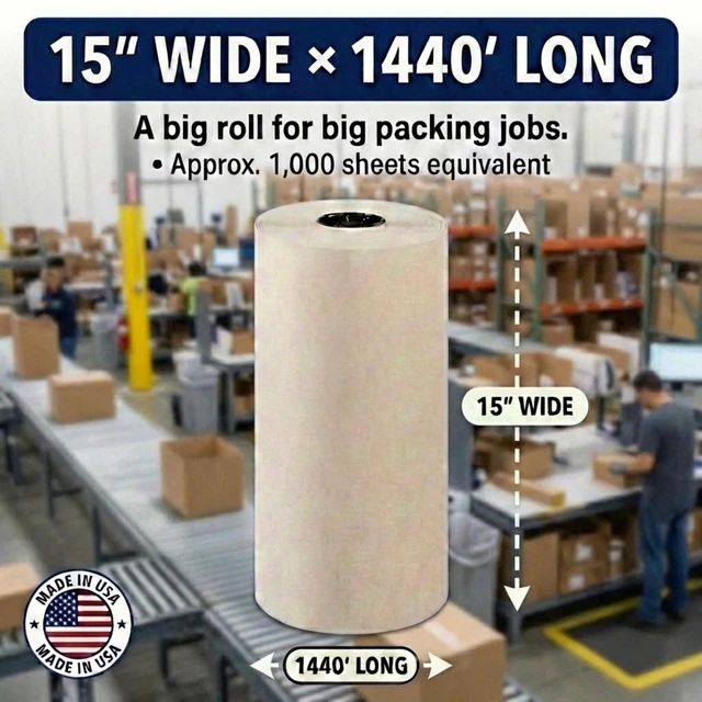 Alt view image 2 of 6 - Packing Paper Roll 1440'L x 15"W - 1,000 Sheets 17 Long Equivalent - Large White Newsprint for Shipping, Packaging, Storage and Moving Supplies