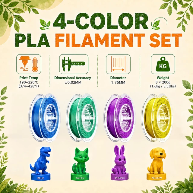Alt view image 2 of 7 - PLA Filament Set 1.75mm (±0.02mm), 4-Pack, 200 g (0.44 lb) per Spool Multi-Color Bundle for Most FDM 3D Printers, Low-Odor, Safety-Tested, Tangle-Free & Moisture-Protected for Home & Classroom