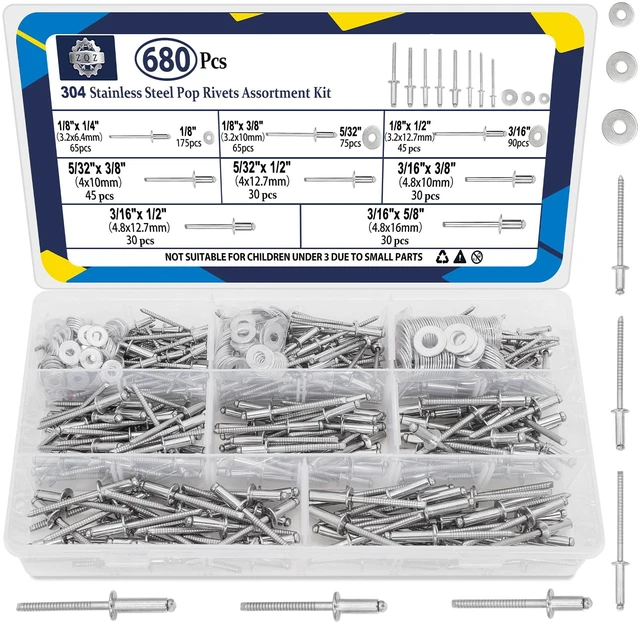 Main image of 680Pcs Stainless Steel Pop Rivets, 8 Sizes Stainless Rivets with 1/8" 5/32" 3/16" Blind Rivets and Washers Assortment Kit