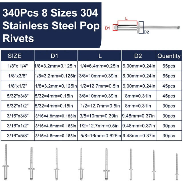 Alt view image 2 of 7 - 680Pcs Stainless Steel Pop Rivets, 8 Sizes Stainless Rivets with 1/8" 5/32" 3/16" Blind Rivets and Washers Assortment Kit