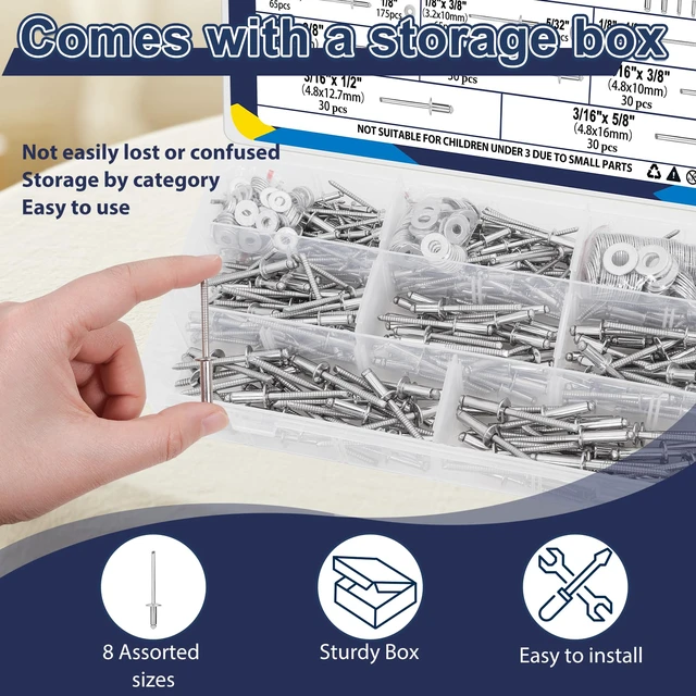 Alt view image 5 of 7 - 680Pcs Stainless Steel Pop Rivets, 8 Sizes Stainless Rivets with 1/8" 5/32" 3/16" Blind Rivets and Washers Assortment Kit