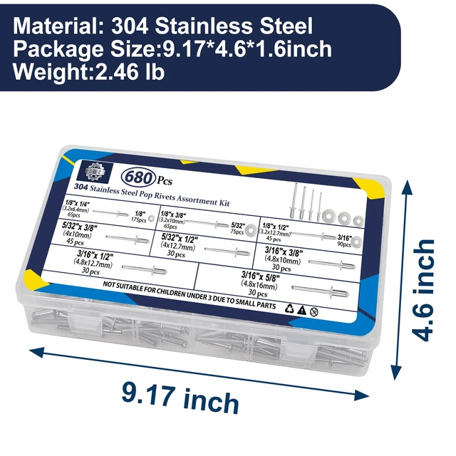 Alt view image 6 of 7 - 680Pcs Stainless Steel Pop Rivets, 8 Sizes Stainless Rivets with 1/8" 5/32" 3/16" Blind Rivets and Washers Assortment Kit