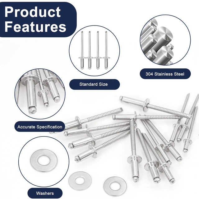 Alt view image 7 of 7 - 680Pcs Stainless Steel Pop Rivets, 8 Sizes Stainless Rivets with 1/8" 5/32" 3/16" Blind Rivets and Washers Assortment Kit