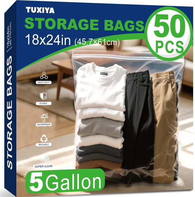 Main image of 50PACK 5 Gallon Large Zipper Bags for Storage 18" x 24" Storage Bags Large Clear Zipper Bags Reusable with Sealable Zippers Top for Clothes, Travel & Moving,Thick 4 Mil