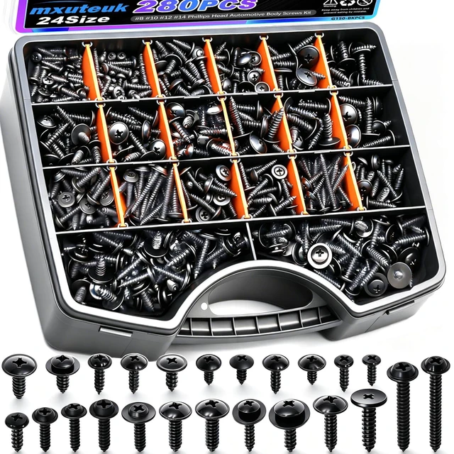 Main image of 280PCS Automotive Screws Kit,#8#10#12#14 Phillips Head Automotive Body Self Tapping Screws(24 Size)